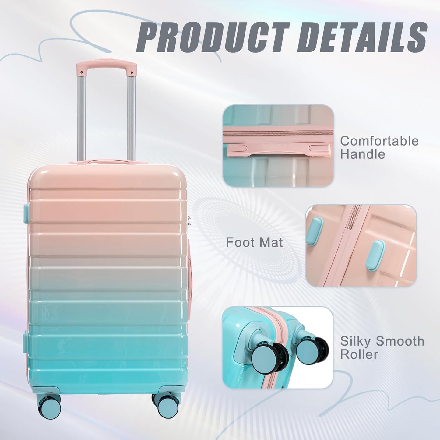 Campfun 3 Piece Luggage Sets, PC Gradient Color Suitcase Set with Double Spinner Wheels Hang Hook, Durable Carry On Luggage with Combination Lock, 20/24/28 inch, Pink+Blue