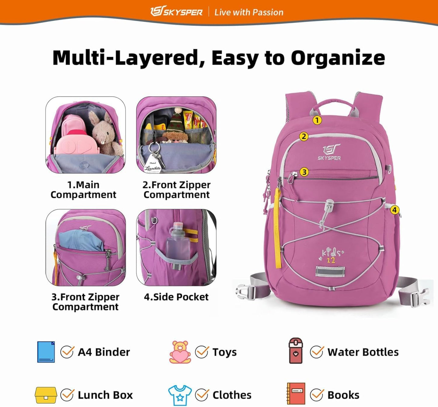 SKYSPER Kids Backpack 12L Children School Bag Child Boy Girl Pack Ages 4-8 for Traveling Day Trips Classes Camping(Purple)