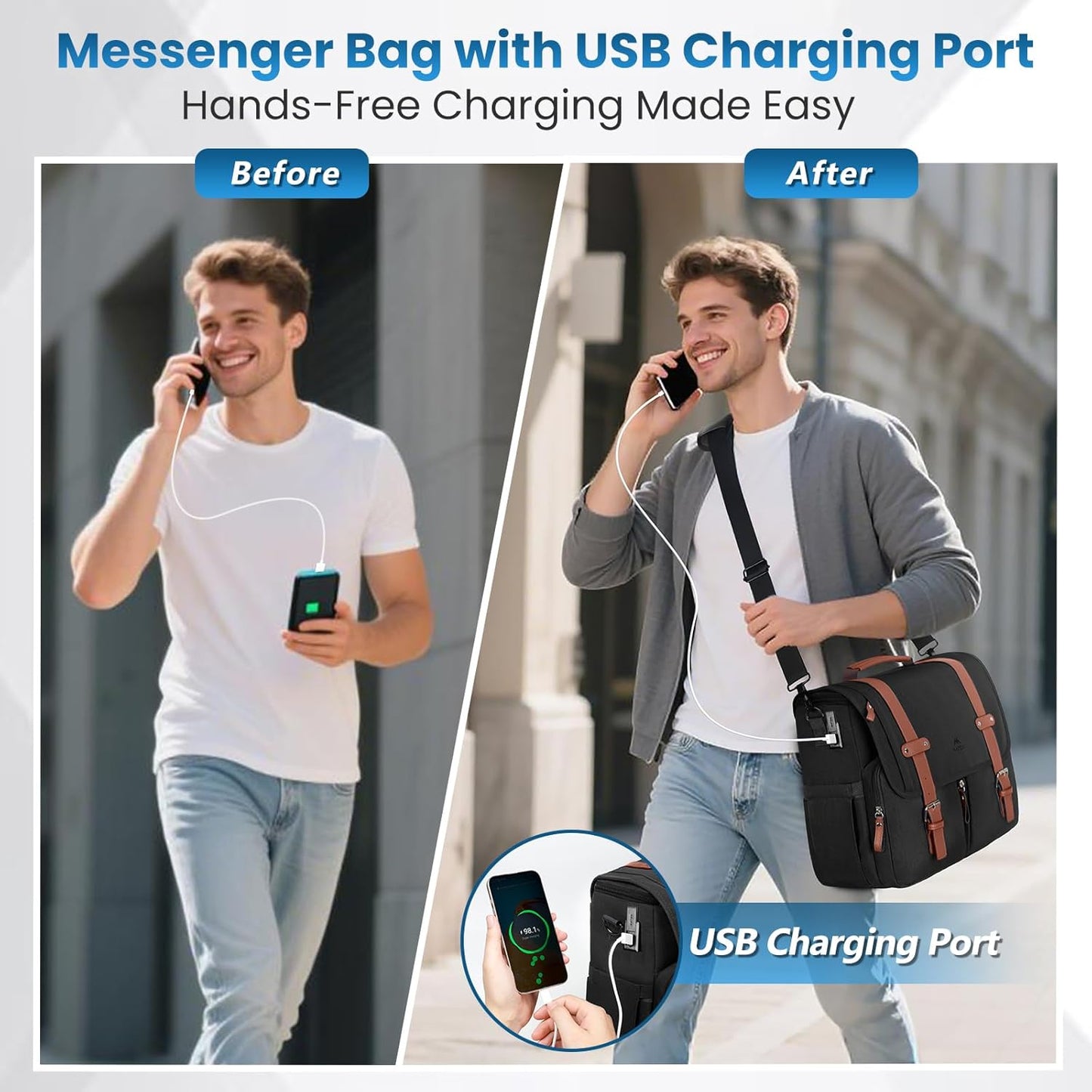 MATEIN Messenger Bag with USB Charging Port, 15.6 inch Laptop Bags Large Mens Briefcase with Shoulder Strap, Water Resistant Crossbody Satchel Work Computer Case for College Office Commuting, Black