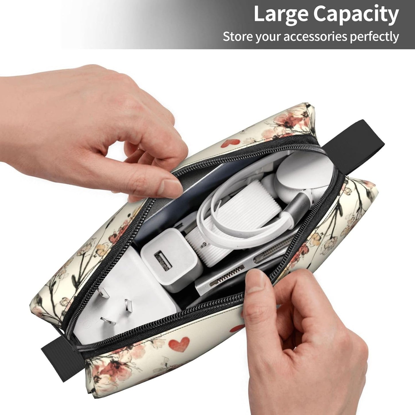 Vintage Lovebirds Floral Hearts Makeup Bag Organizer Compact & Durable Birds Travel Cosmetic Bag Oxford Fabric Impact-Resistant Multi-Purpose Storage Perfect for Travel, Gym, Daily Use