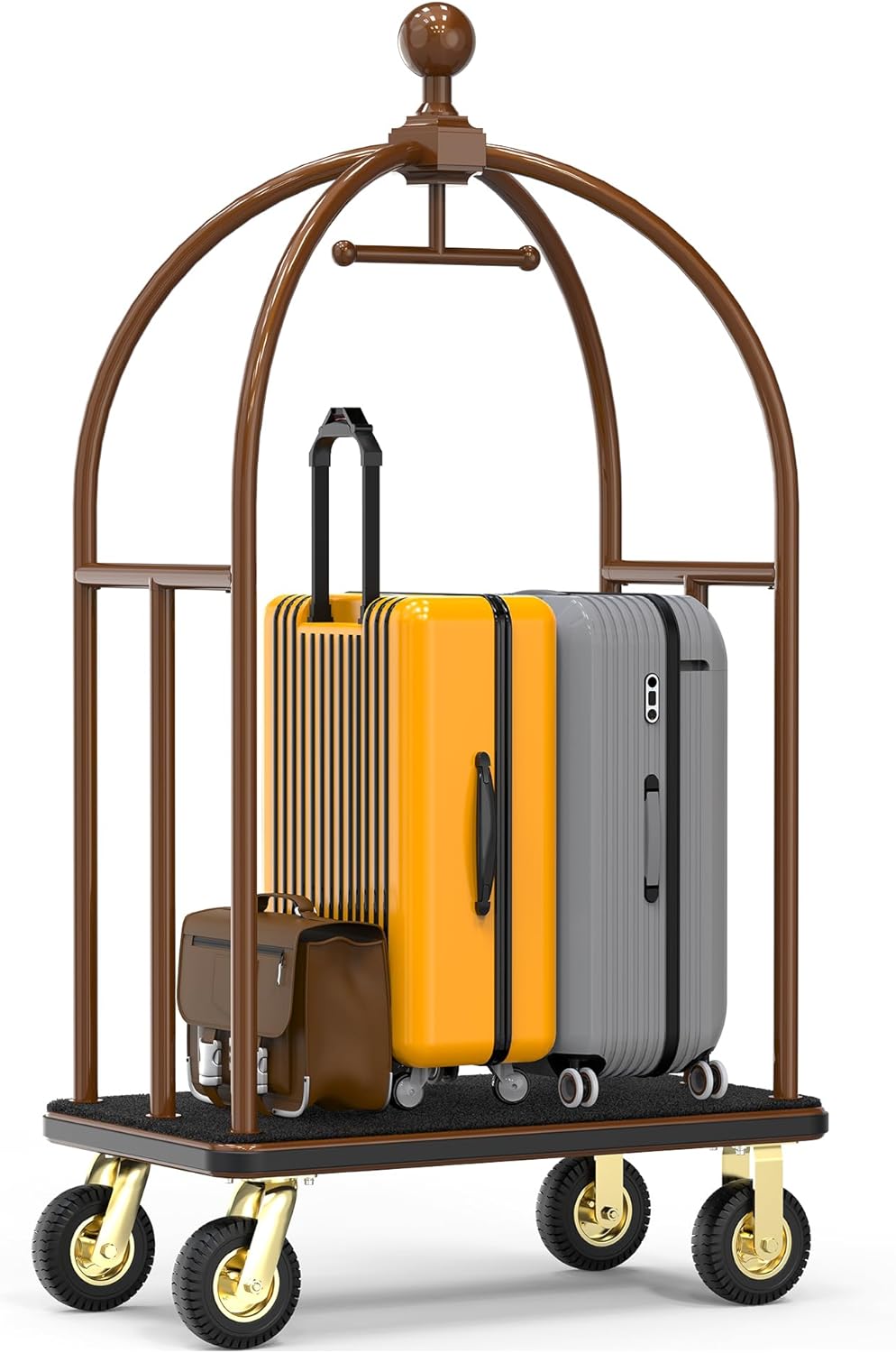 Hotel Luggage Cart,1100 lbs Brushed Stainless Steel Bellman Trolley, Valet Cart with Black Nylon Carpeted Deck Bumper Rails & 8-inch Silent Rubber Pneumatic Wheels– for Hotels, Resorts & Condos