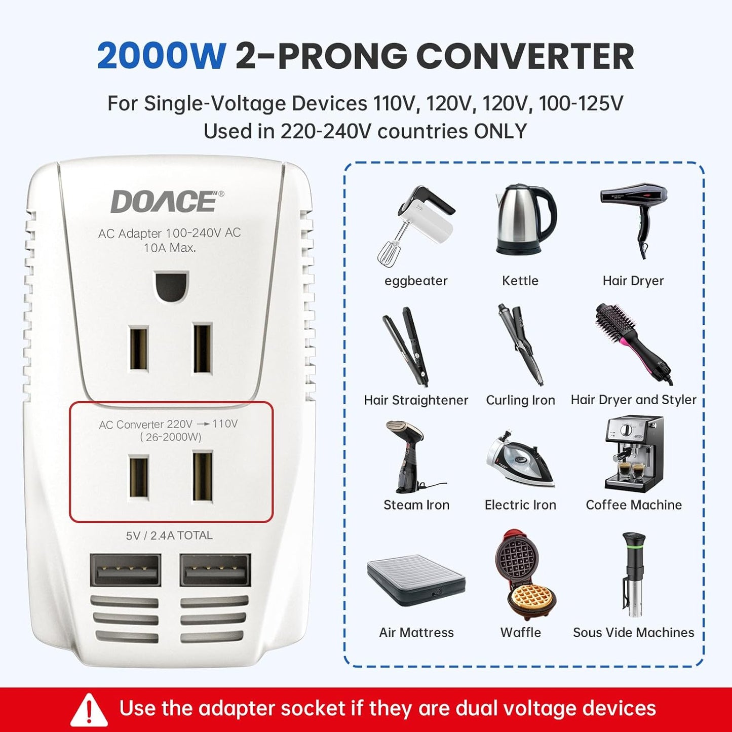 DOACE 2000W Voltage Converter US to Europe - 220V to 110V Converter for European Travel for Hair Dryer Straightener Curling Iron, 2300W Travel Power Adapter for Laptop Tablet Camera Cell Phone
