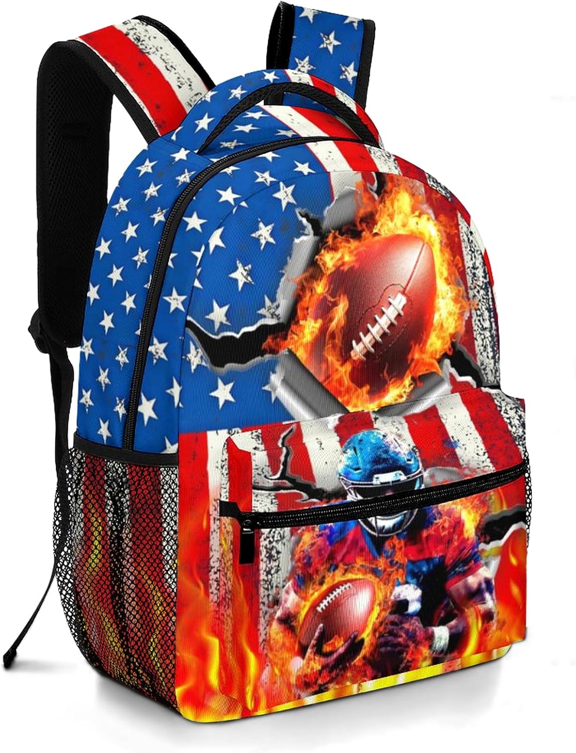 American Football School Backpack for Boys Sports Theme Backpack for Kid Boys Ages 6-18 Elementary Middle School Students Kids' Backpacks Football American Flag Bookbag Travel Back Pack