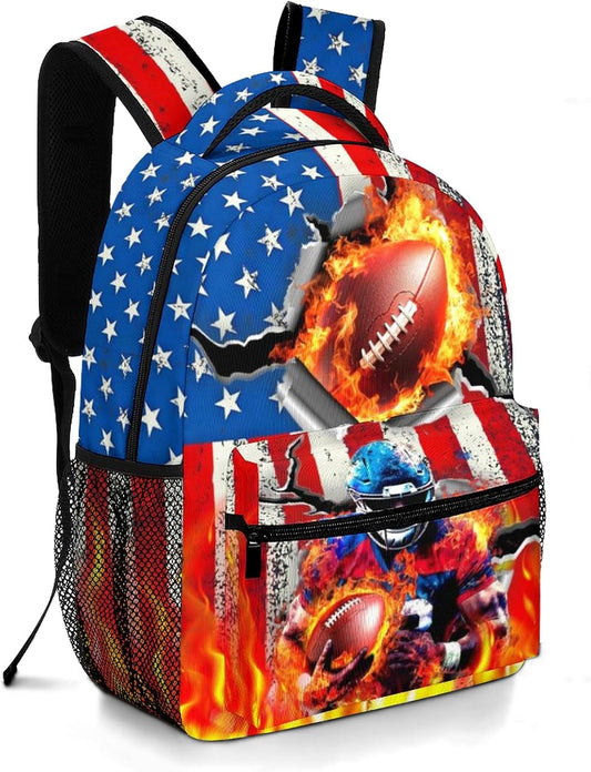 American Football School Backpack for Boys Sports Theme Backpack for Kid Boys Ages 6-18 Elementary Middle School Students Kids' Backpacks Football American Flag Bookbag Travel Back Pack
