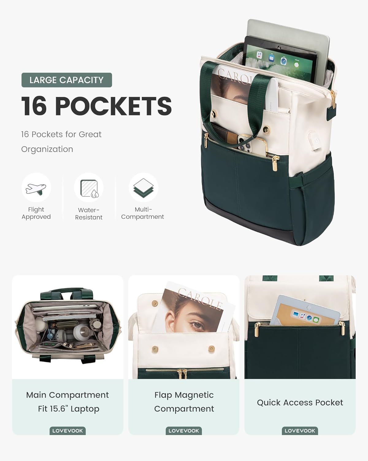 LOVEVOOK Laptop Backpack for Women, 15.6 Inch Work Laptop Bag with USB Port, Fashion Teacher Nurse Backpack Purse, Waterproof Travel Computer Backpack with Organizer Bag, 2PCS, Beige-Green
