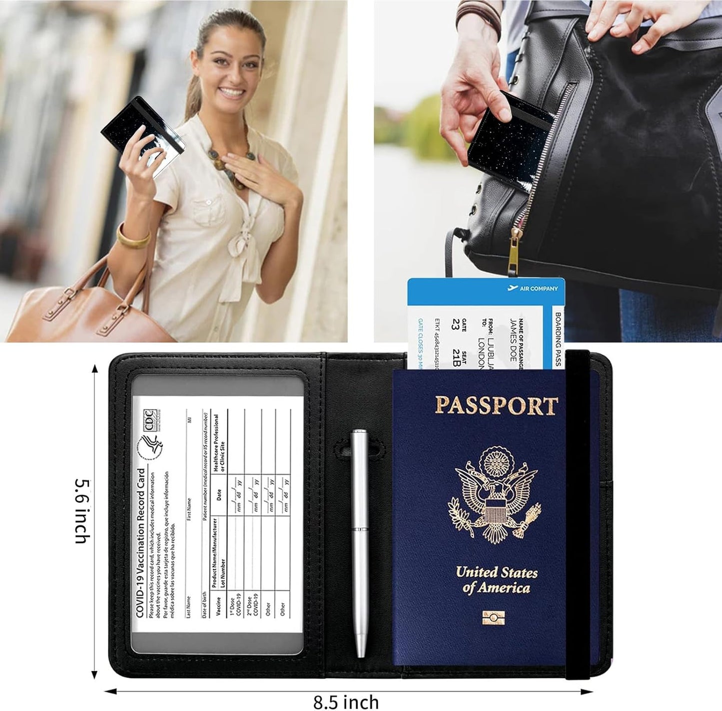 Passport and Vaccine Card Holder Cover Combo,Travel Passport Holder Wallet with RFID Blocking, Leather Vaccine Card Slot Passport Cover Case for Women & Men,Black Forest Starry Deer