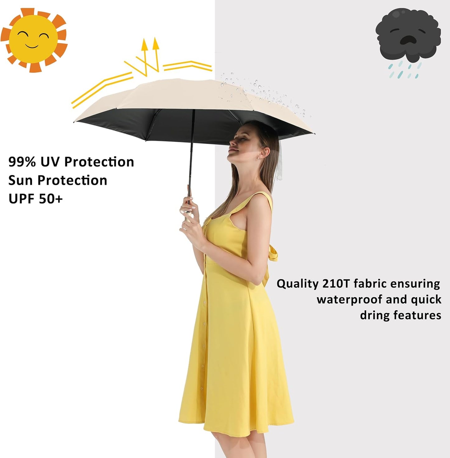 BAODINI Small UV Protection Travel Umbrella Compact for Rain and Sun UPF 50+ Windproof Portable 42 inch Umbrella for Women and Men