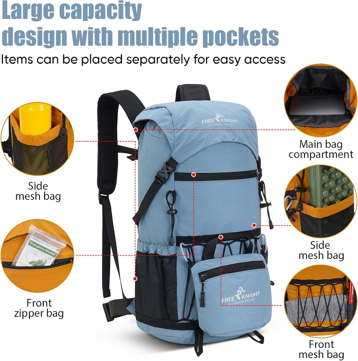 Bseash 30L Lightweight Hiking Backpack, Outdoor Sport Waterproof Travel Bag Daypack for Cycling Climbing Skiing (Light Blue)