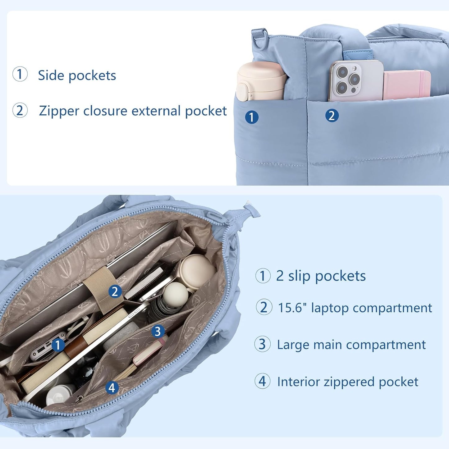 Tote Bag for Women Puffer Tote Bag Large Nurse Bags Shoulder Handbag with Zipper for Work Travel