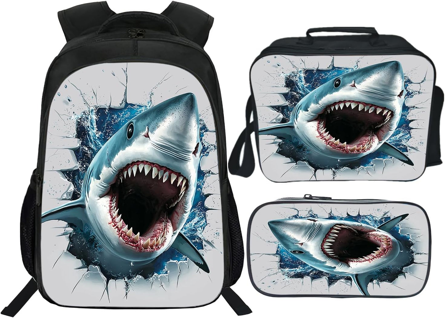 Klymax Shark Backpack Kids Schoolbag with Lunch Box Bag Pencil Bag 3pcs Bookbag Sets for Boys Girls