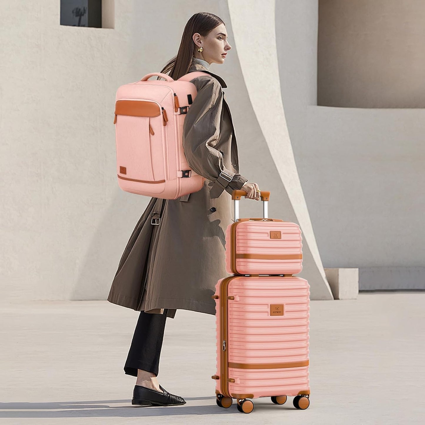 Joyway Expandable Carry on Luggage Sets Airline Approved, Lightweight Hard Shell 20 Inch Carry-on Suitcase with Spinner Wheels, Pink Brown