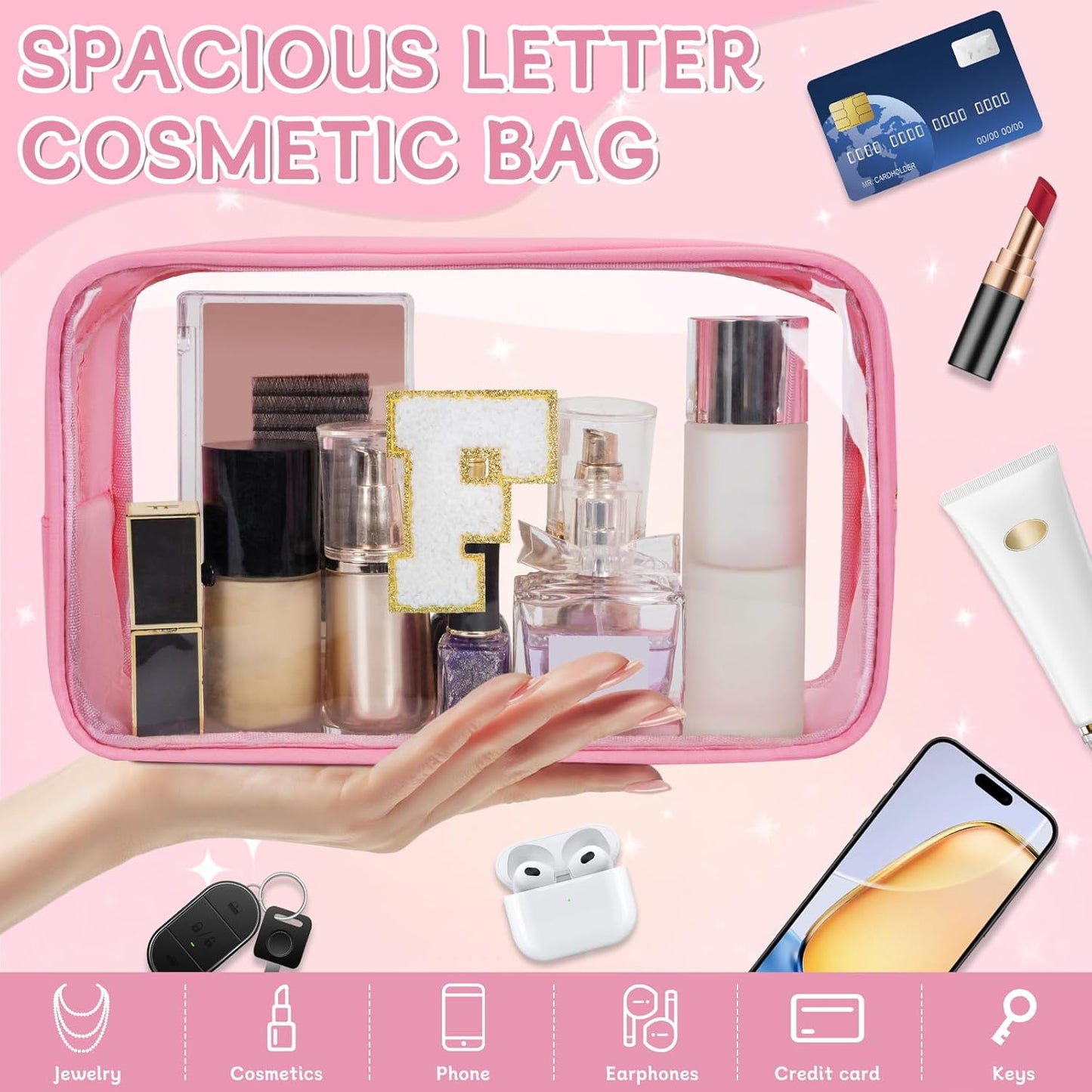 Personalized Initial Clear Makeup Bag, Travel Chenille Patch Cosmetic Bag, Preppy Toiletry Bag Monogram Cosmetic Pouch with Zipper, Ideal Gift for Teen Girls Women (Clear-Pink, F)