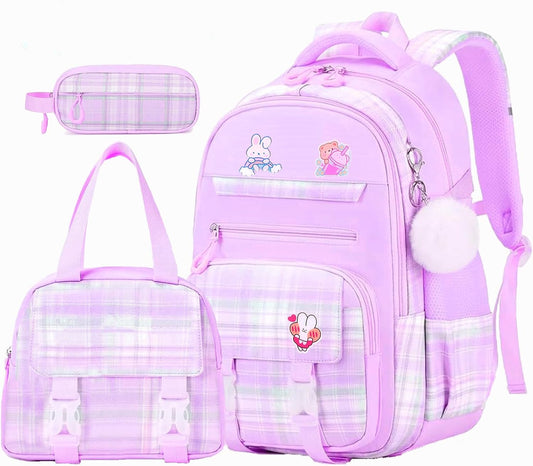 Cute Girls Backpack 3PCS Cute Kids School Bags Multi-Pocket Waterproof Backpack for Elementary School Students with Lunch Box and Pencil Case Set (Purple）