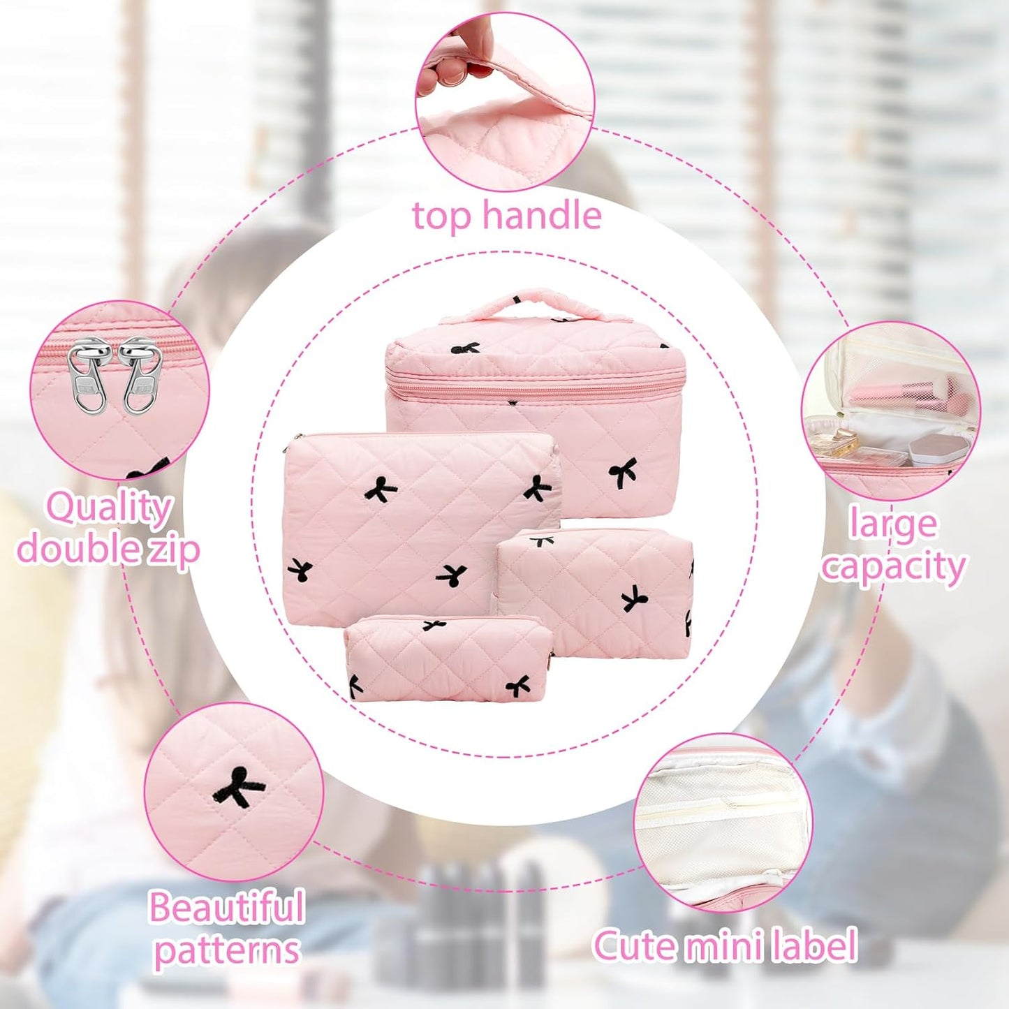 Quilted Cosmetic Bag Large Capacity Travel Cosmetic Bag for Women and Girls Aesthetic Storage for Daily and Travel Use Pink Bowknot 4pcs Pink Embroidery Bowknot