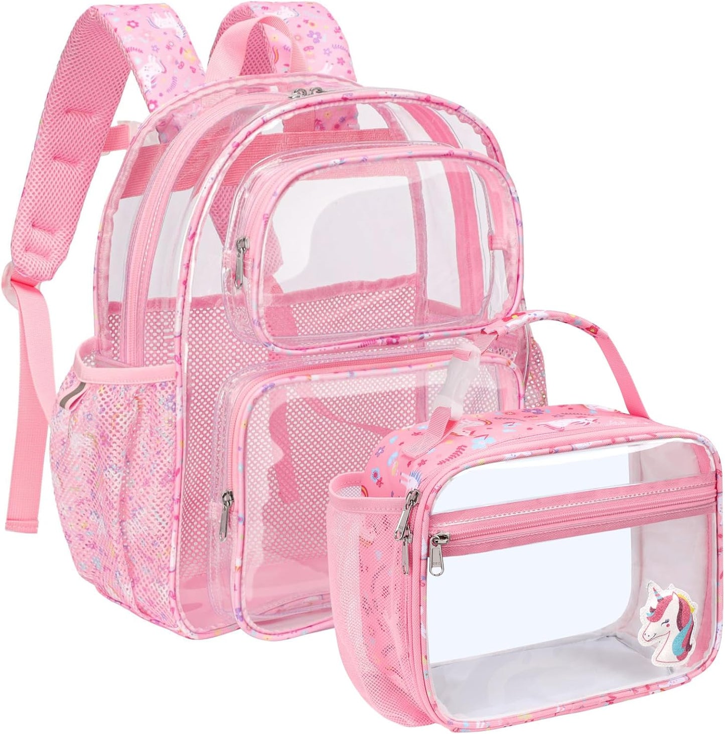 Bagseri Clear Backpack for Girls - 15 Inch Kids Backpack With Lunch Bag, Heavy Duty See Through Bookbag for School, Transparent for Ages 3-8, Pink Unicorn