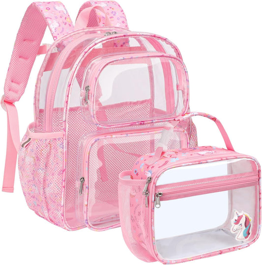 Bagseri Clear Backpack for Girls - 15 Inch Kids Backpack With Lunch Bag, Heavy Duty See Through Bookbag for School, Transparent for Ages 3-8, Pink Unicorn