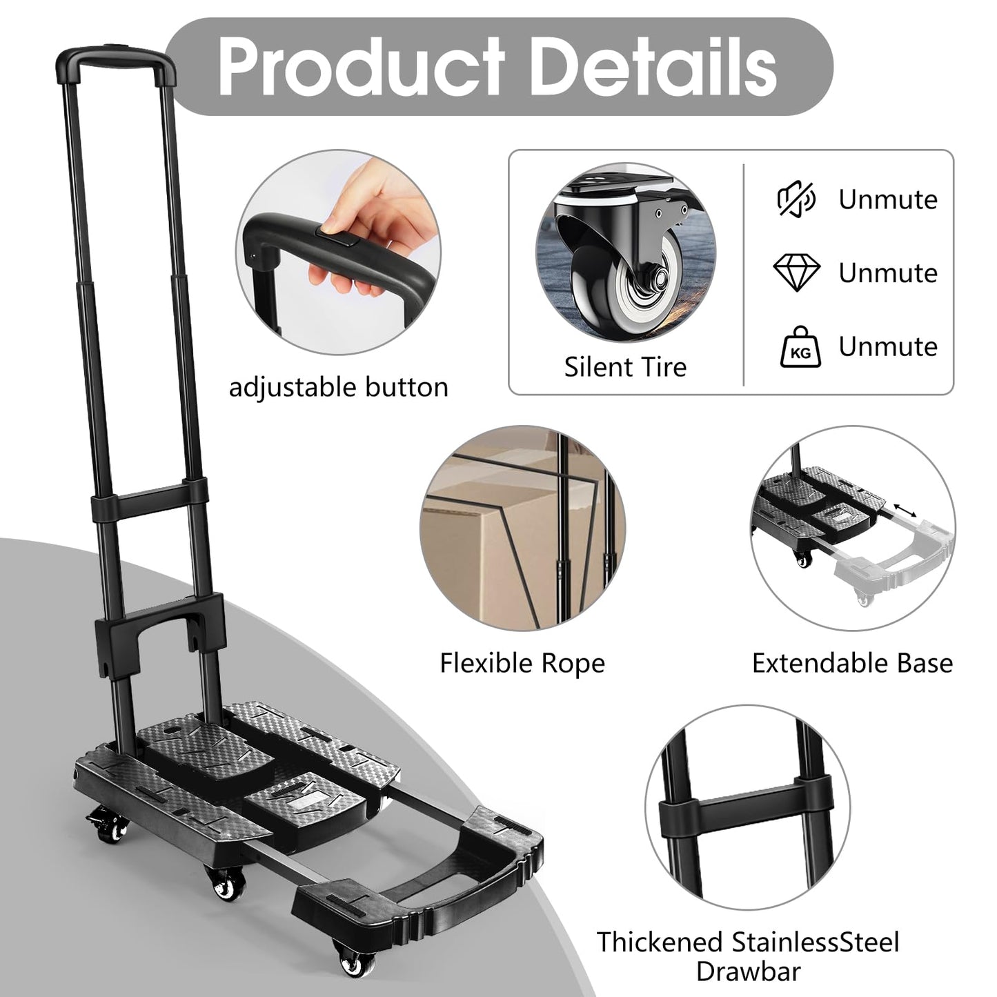 Voipvvii Folding Hand Truck 500lbs, Portable Heavy Duty Dolly Cart, 6 Wheels Collapsible Luggage