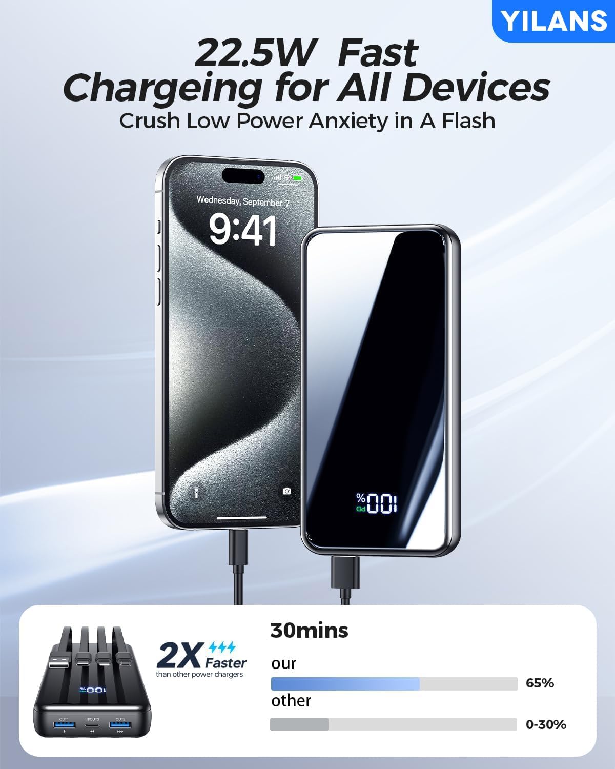 Portable Charger,50000mAh Power Bank Built-in Cable, 22.5W PD USB C In & Out Fast Charging, External Battery Pack with 6 Output & 2 Input, Travel Phone Charger for iPhone 17/16/15/14/13/12, Android