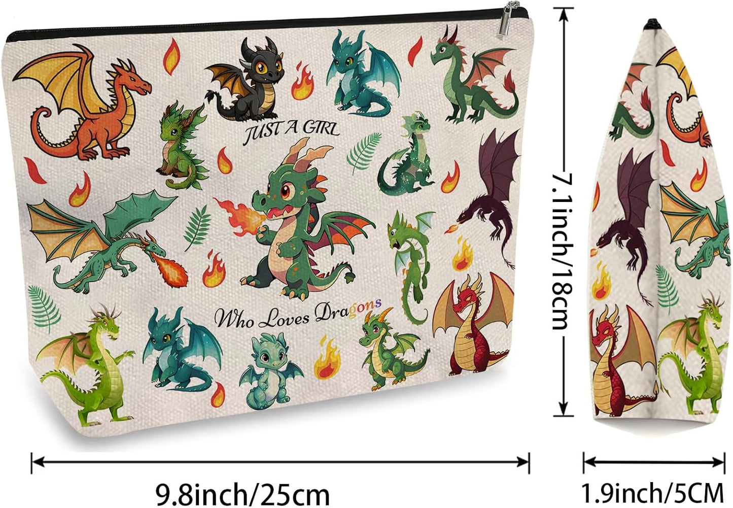 DOOX Dragon Makeup Bags with Lining, Funny Cosmetic Bags Pencil Pouch - Double-Sided Print - Cute Birthday & Christmas Dragon Gifts for Daughter, Sister, Women