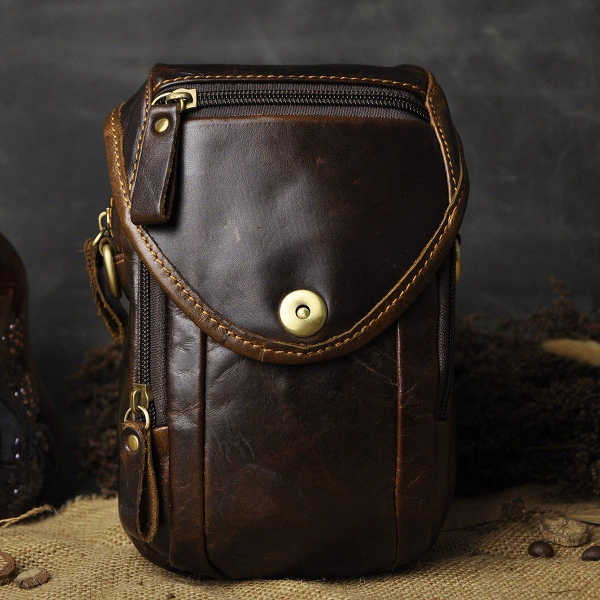 Le'aokuu Mens Original Leather Designer Casual Small Messenger Shoulder Bag Fashion Waist Belt Bag Pack Cigarette Phone Case