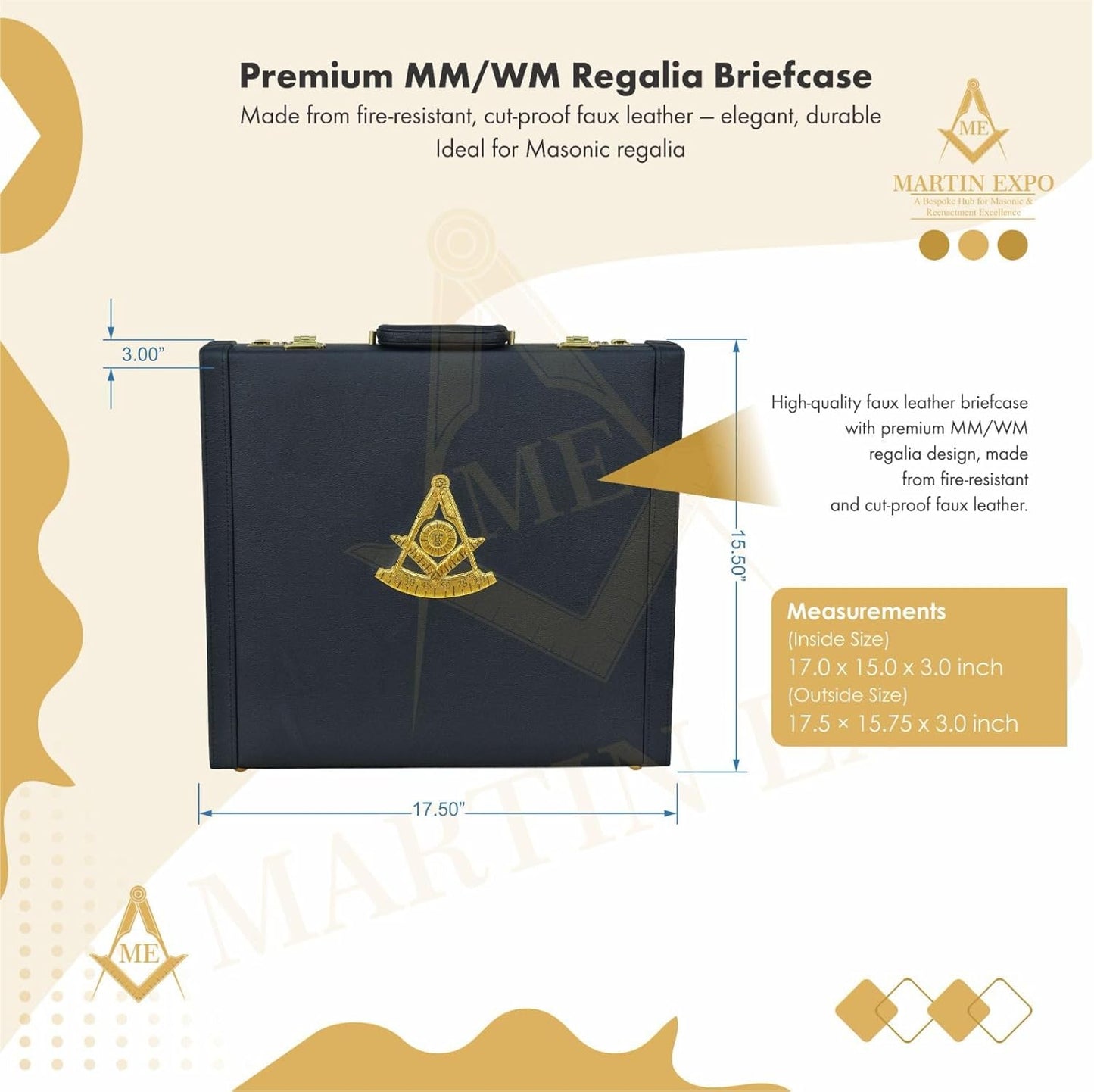 Masonic Past Master MM/WM and Provincial Full Dress Apron Cases briefcase, Size (15.5" 17.5" 3") Inches