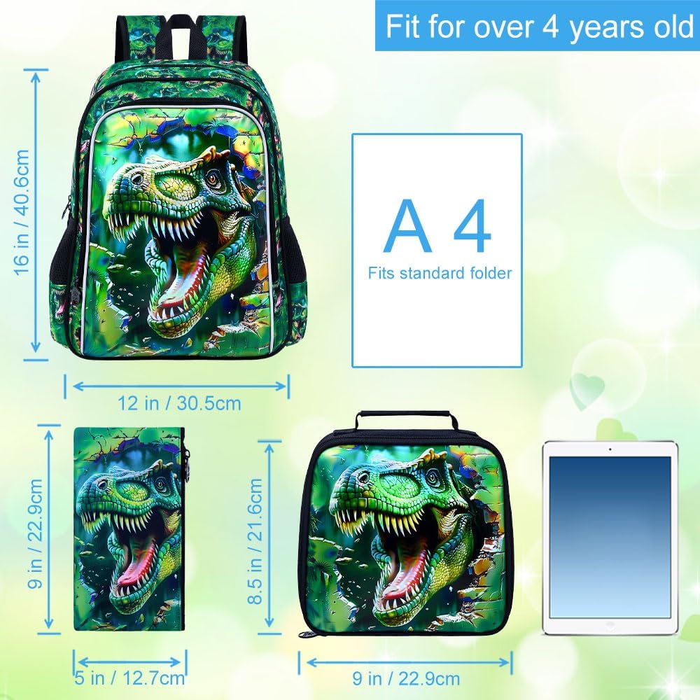 3Pcs Boys Backpack, 16" Dinosaur Bookbag for Elementary Preschool Kindergarten, Dino Kids School