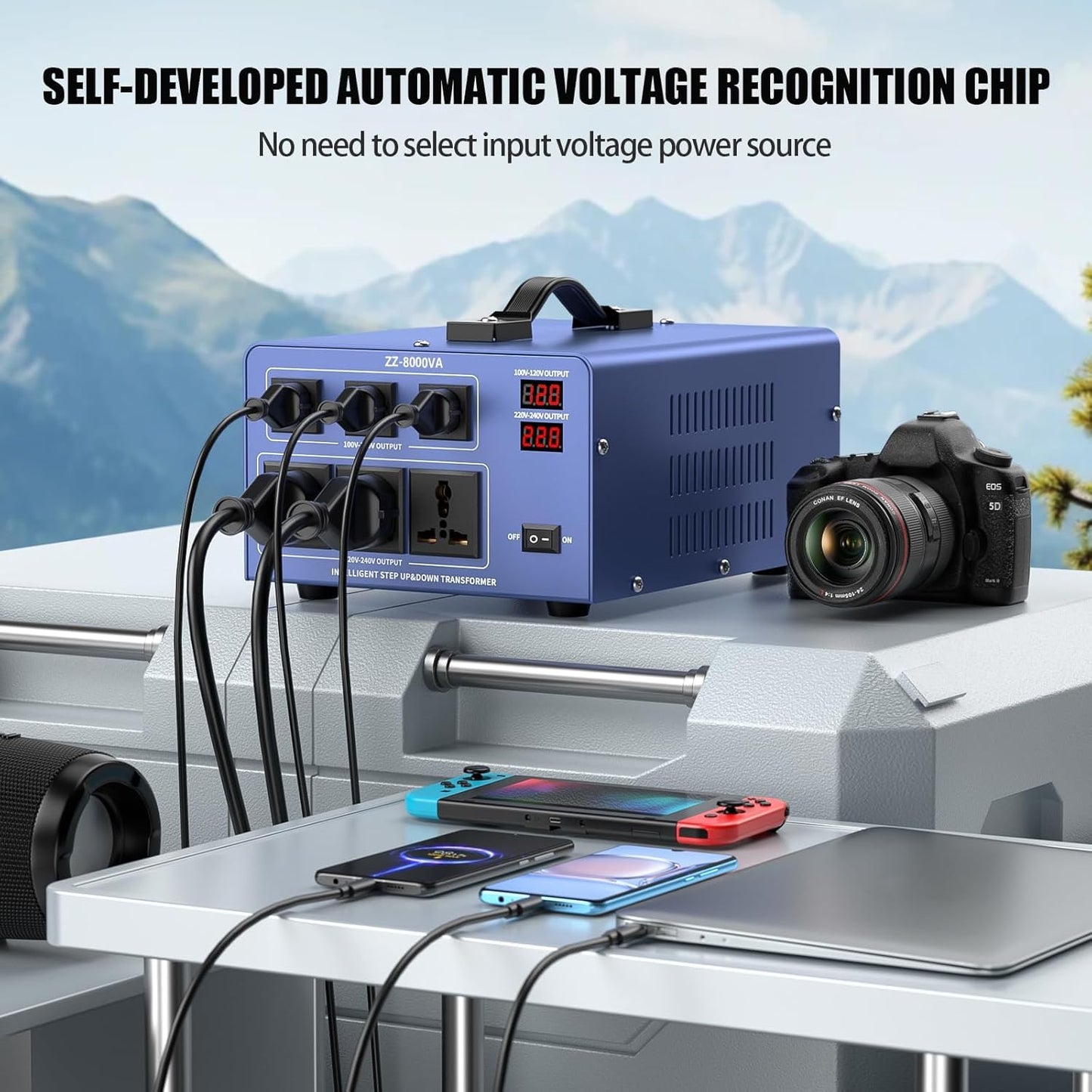 8000W Voltage Converter Auto Transformer,110/120/220/240V Heavy Duty Step Up/Down Power Converter Transformer with 3 US Outlets,3 Universal Outlets, LCD Display,Resettable Circuit Breaker Protection