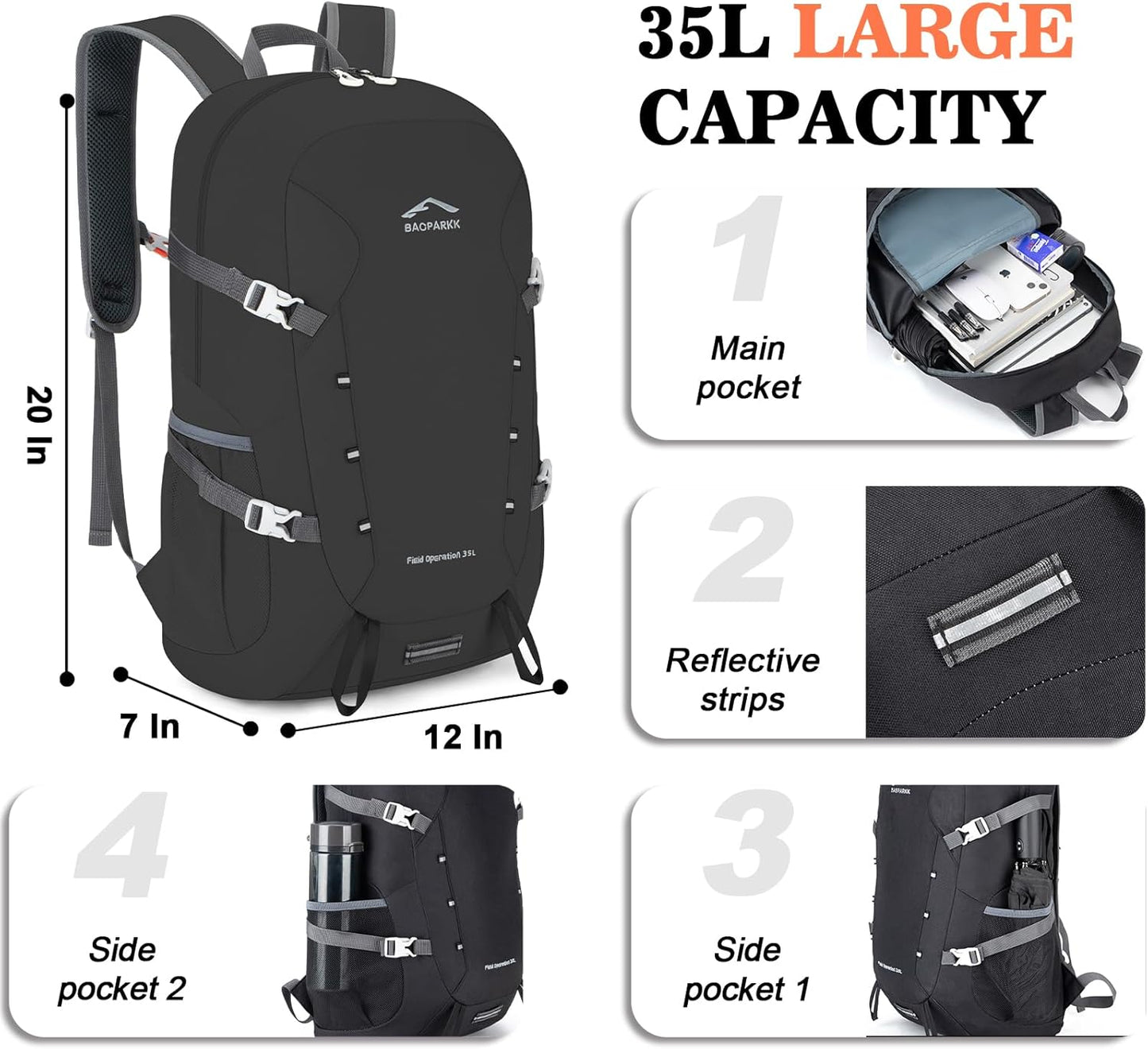 Hiking Backpack,Large 35L Travel Backpacks for Men Women,Water Resistant Ultra Lightweight Foldable Packable Camping Daypack for Outdoor Sports