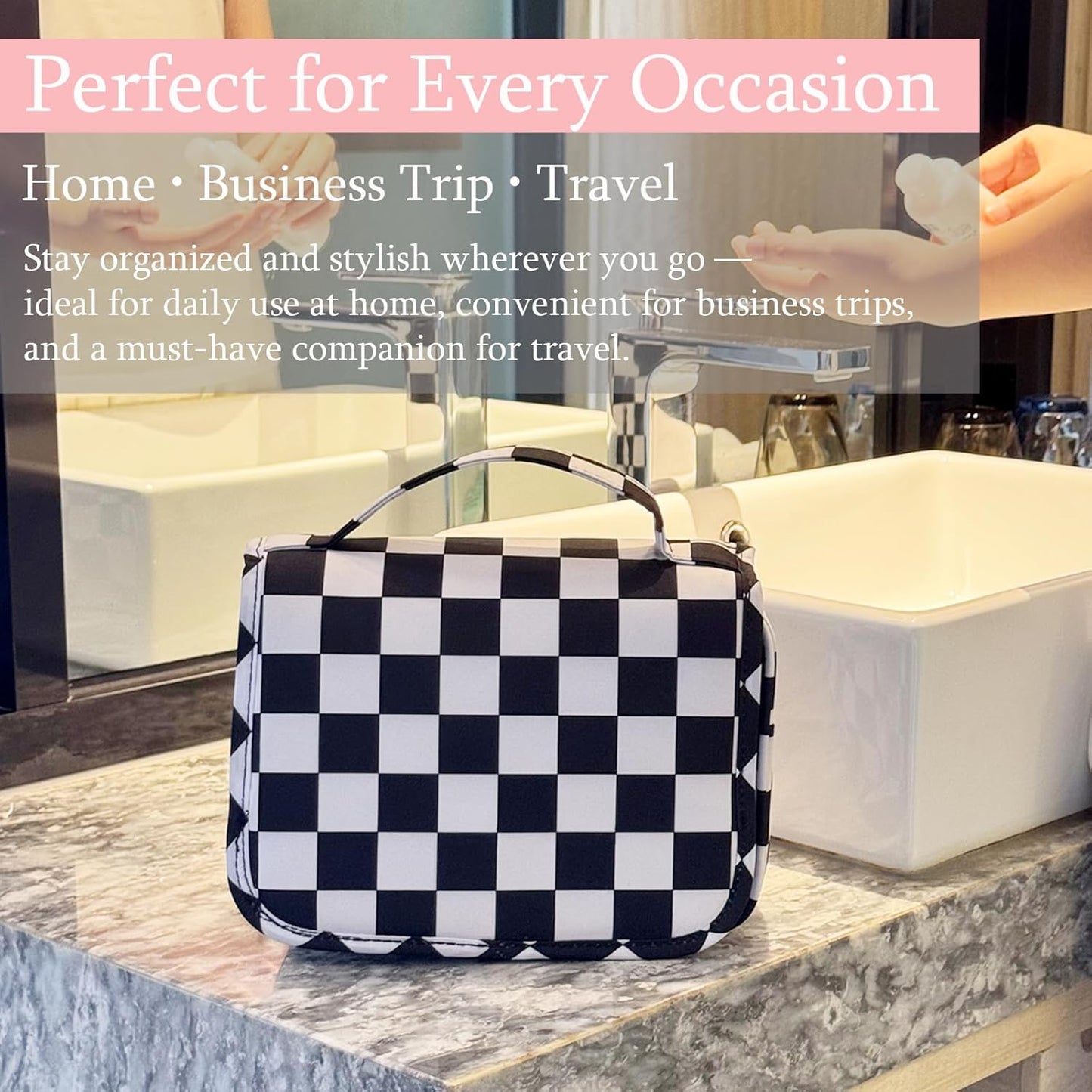 Crazy Bison Hanging Travel Toiletry Bag Kit Makeup Bag Cosmetics Organizer for Men Women (Black & White Checkerboard)