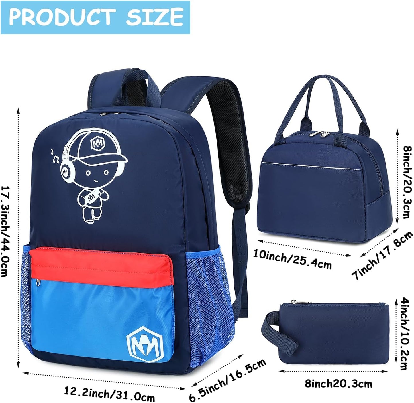 Bluboon School Backpack for Boys Teens Bookbag Travel Daypack Kids Girls Lunch Bag Pencil Case (Navy and Blue)