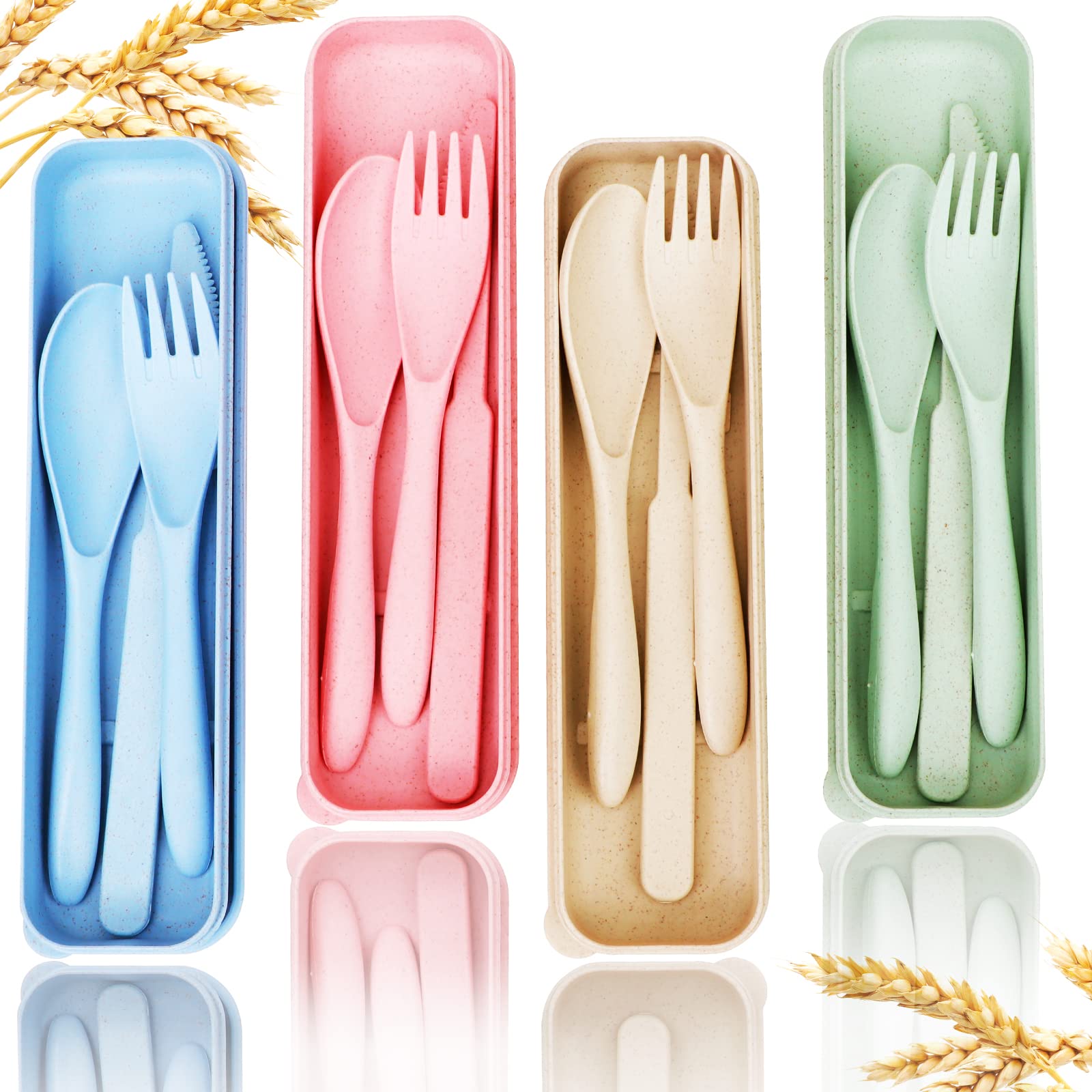 Reusable Travel Utensils Set with Case, 4 Sets Wheat Straw Portable Knife Fork Spoons Tableware