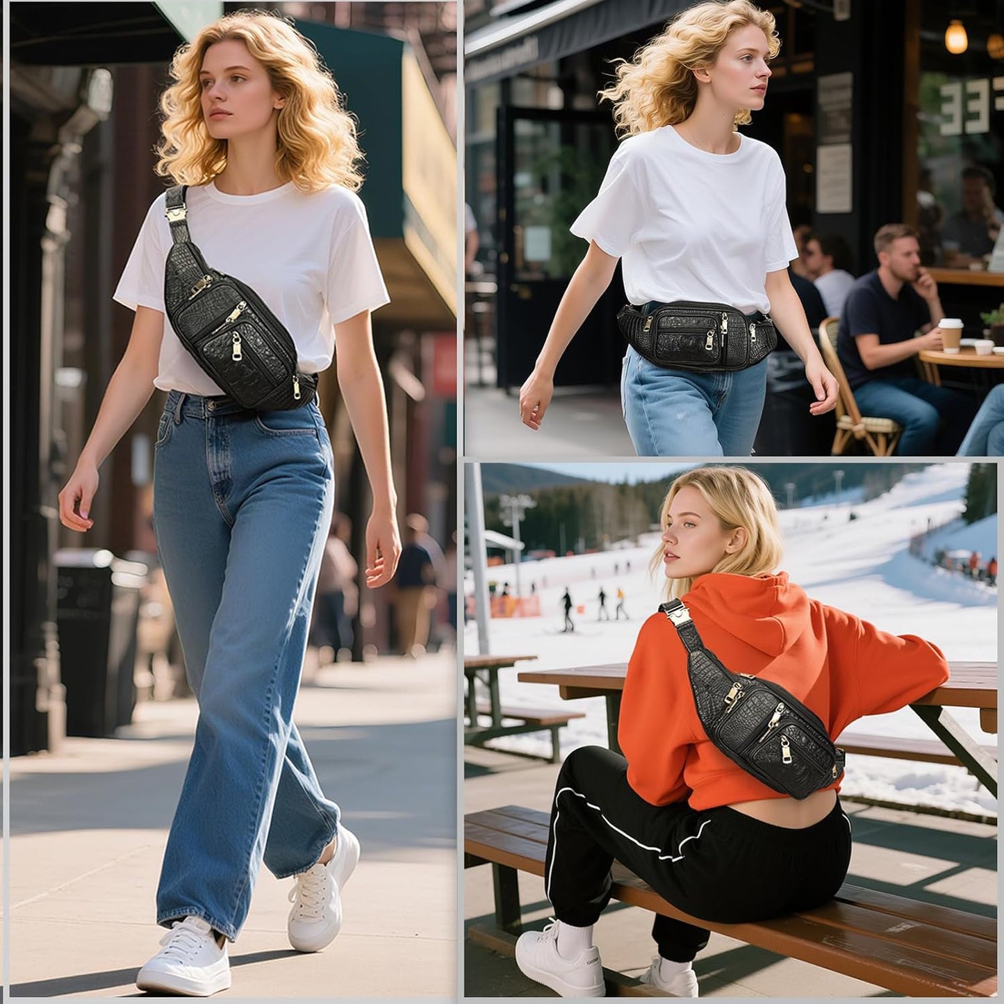 Genuine Leather Fanny Pack large capacity Crossbody Waist Bag with Zipper phone Pockets crocodile black