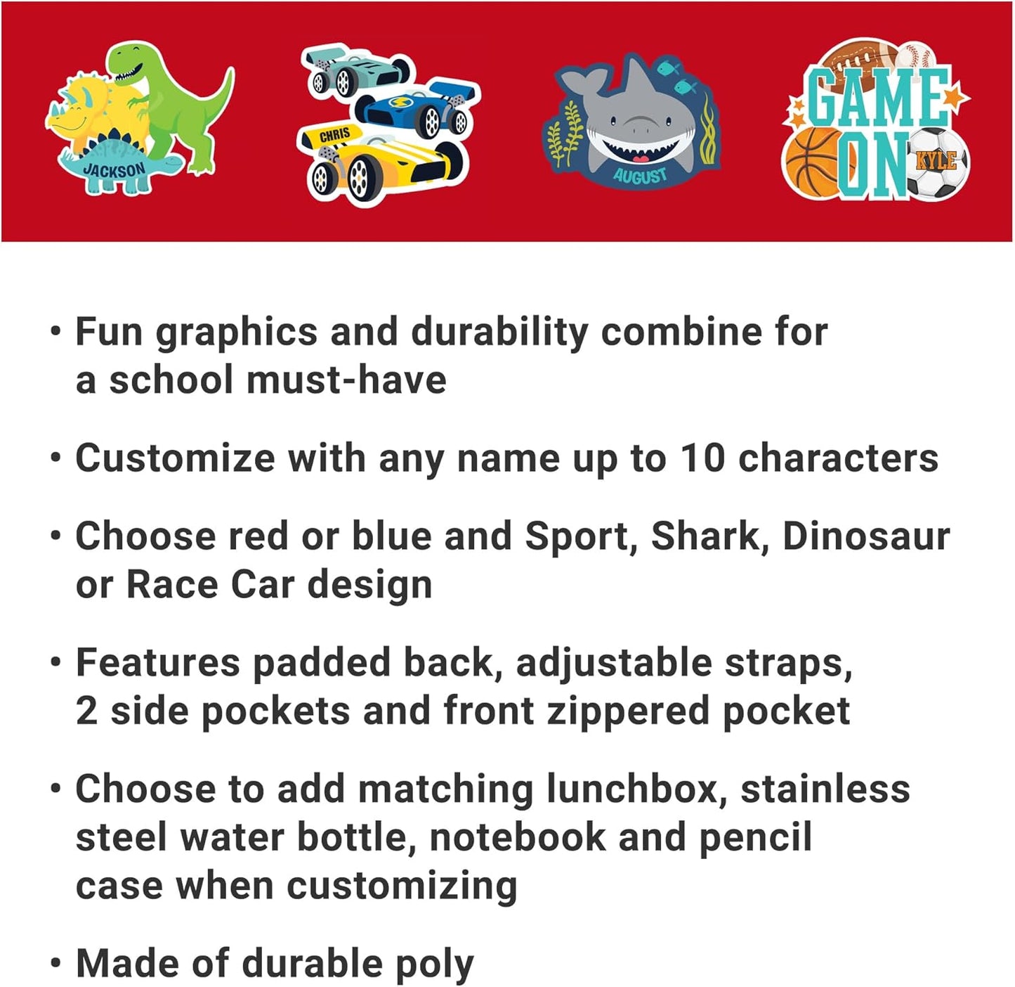 Let's Make Memories Kids Backpack for School - Personalized Back to School Supplies - Bookbag with Optional Lunch Box - Red, Race Cars
