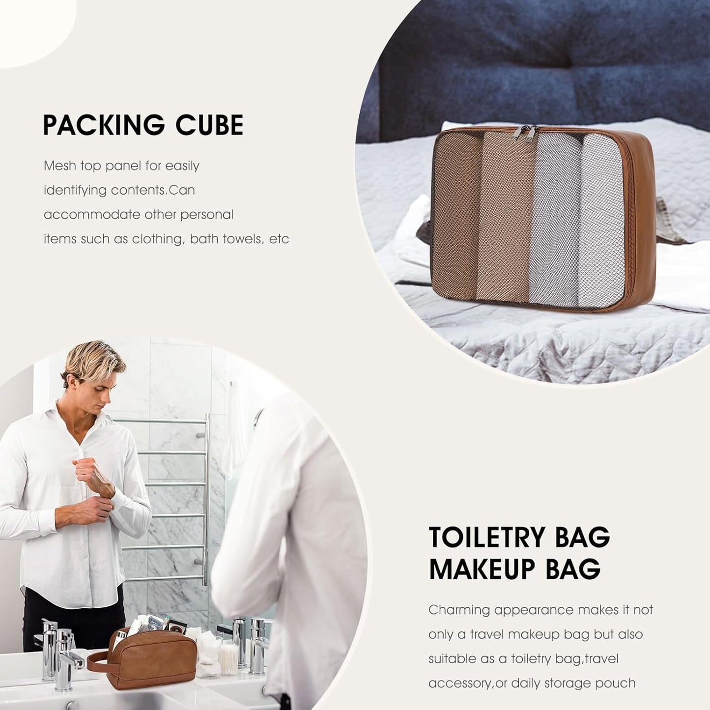Wogarl 3PCS Leather Weekender Bag for Women Men Large Overnight Duffel Bag with Shoe Compartment Toiletry Packing Cube Carry On Bag Fit 21" Laptop (Light Brown)