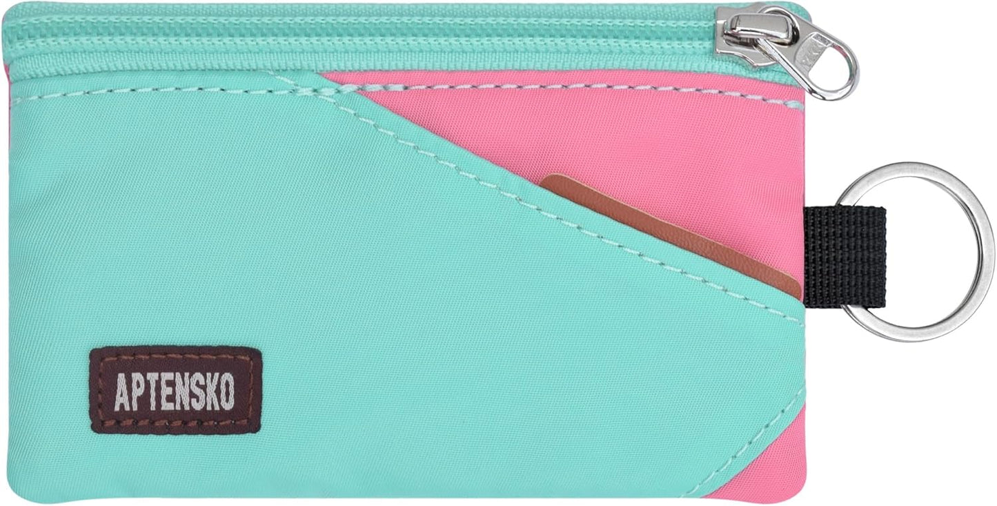 RFID Travel Wallet with Adjustable Lanyard-Zipper Small Wallet with ID Card Holder, Keychain for women&men-Minimalist Slim Waterproof Nylon case for ID, Cash, Key (Mint Aqua+Pink)