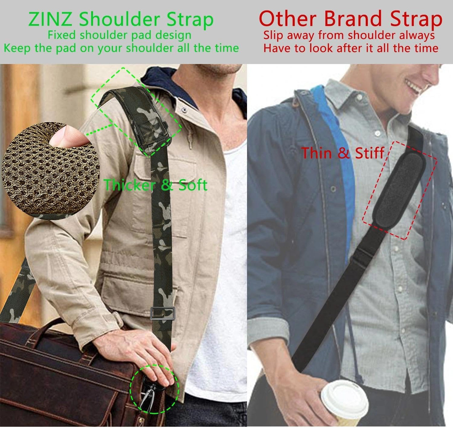 ZINZ 79 inch Shoulder Strap, Extra-thick Fixed Cushion Pad and Dual Clasps Universal Replacement Strap with Metal Swivel Hooks for Laptop Bags, Luggage Bags, Camera, Crossbody(Camouflage Green)