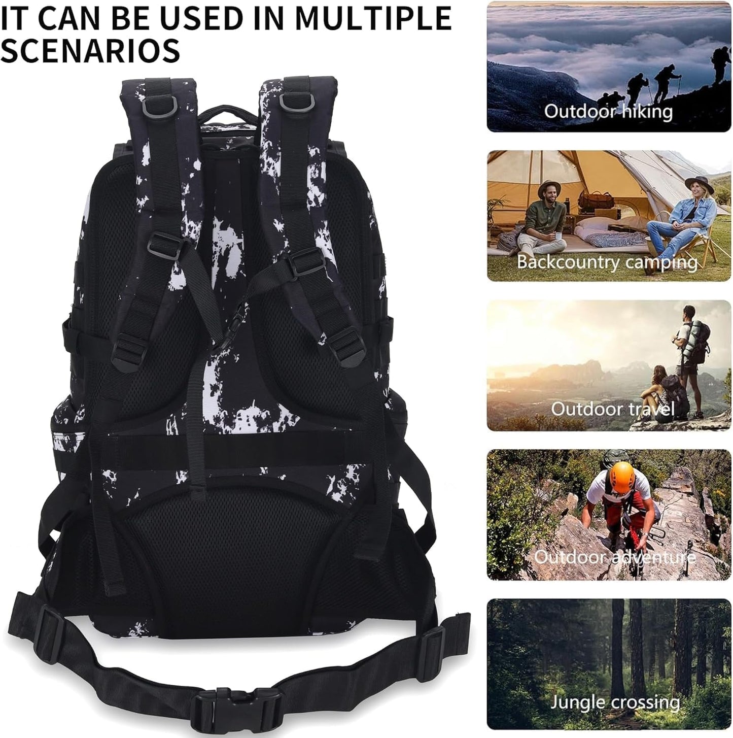 50L Military Tactical Backpack 3 Day Assault Pack Molle Daypack Hiking Backpack for Men and Women (Black-White Lightning)