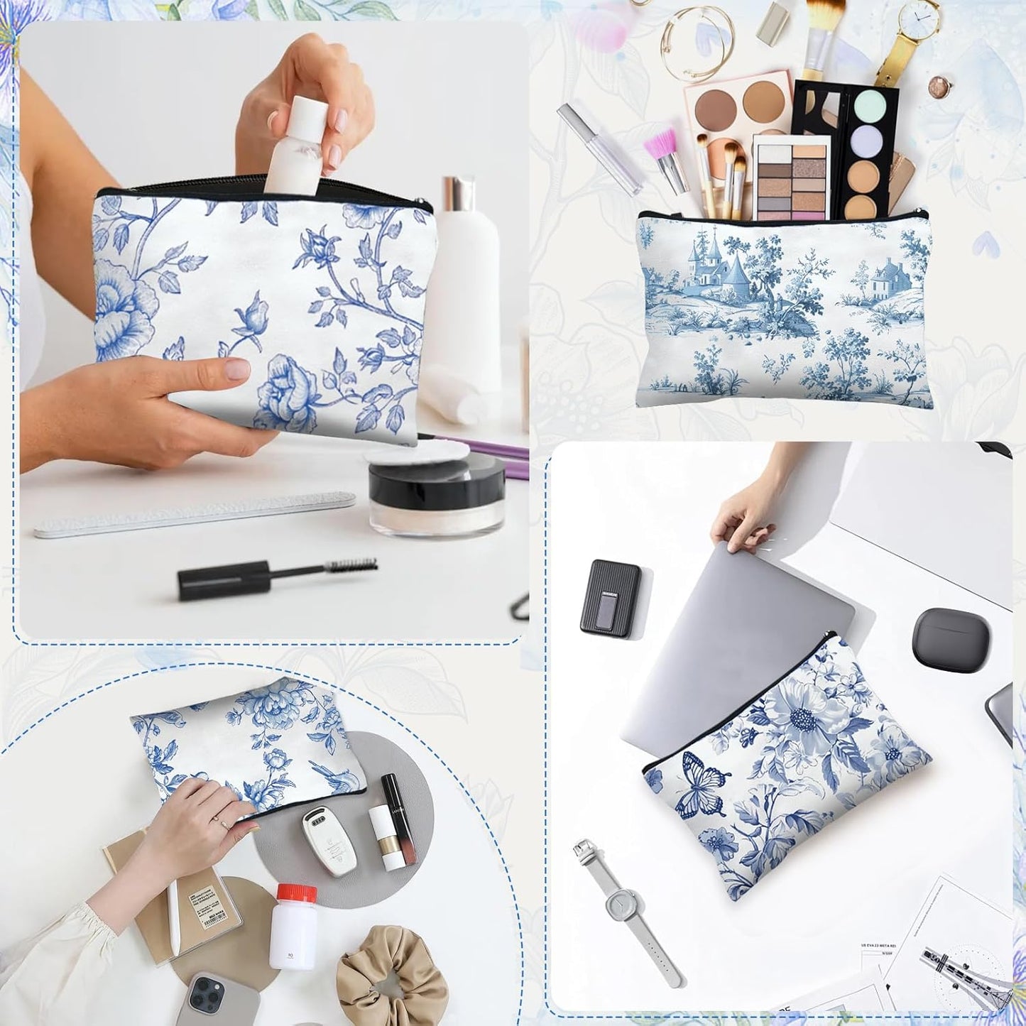 24 Pcs Floral Cosmetic Bags Bulk for Women Blue and White Floral Makeup Bags Chinoiserie Canvas Travel Zipper Pouches Aesthetic Toiletry Bag for Girls Women Bridesmaids Wedding Supplies