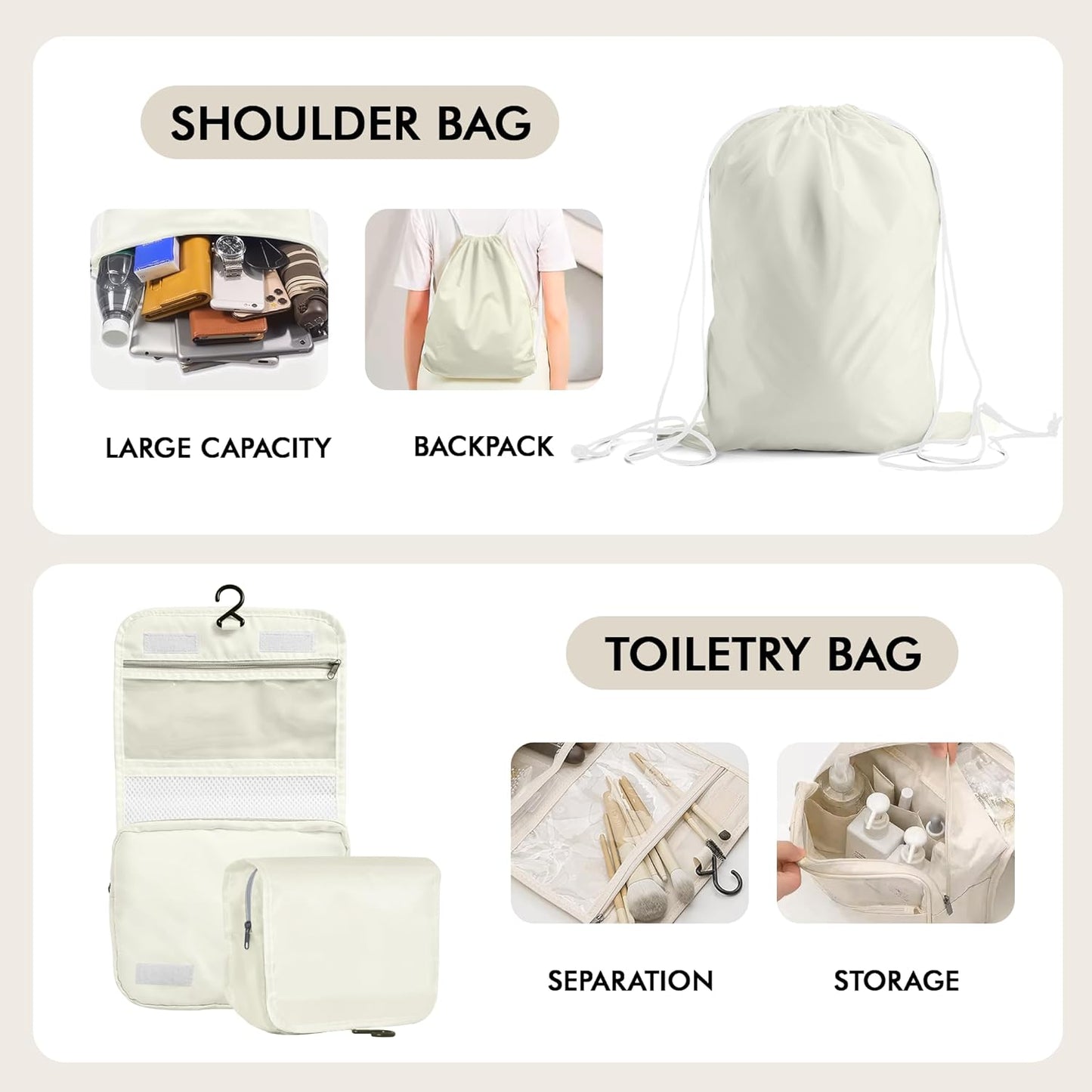 WVM Packing Cubes for Travel, 8-Piece Luggage Organizer Set with Shoe Bag, Toiletry Bag & Laundry Bag, Beige