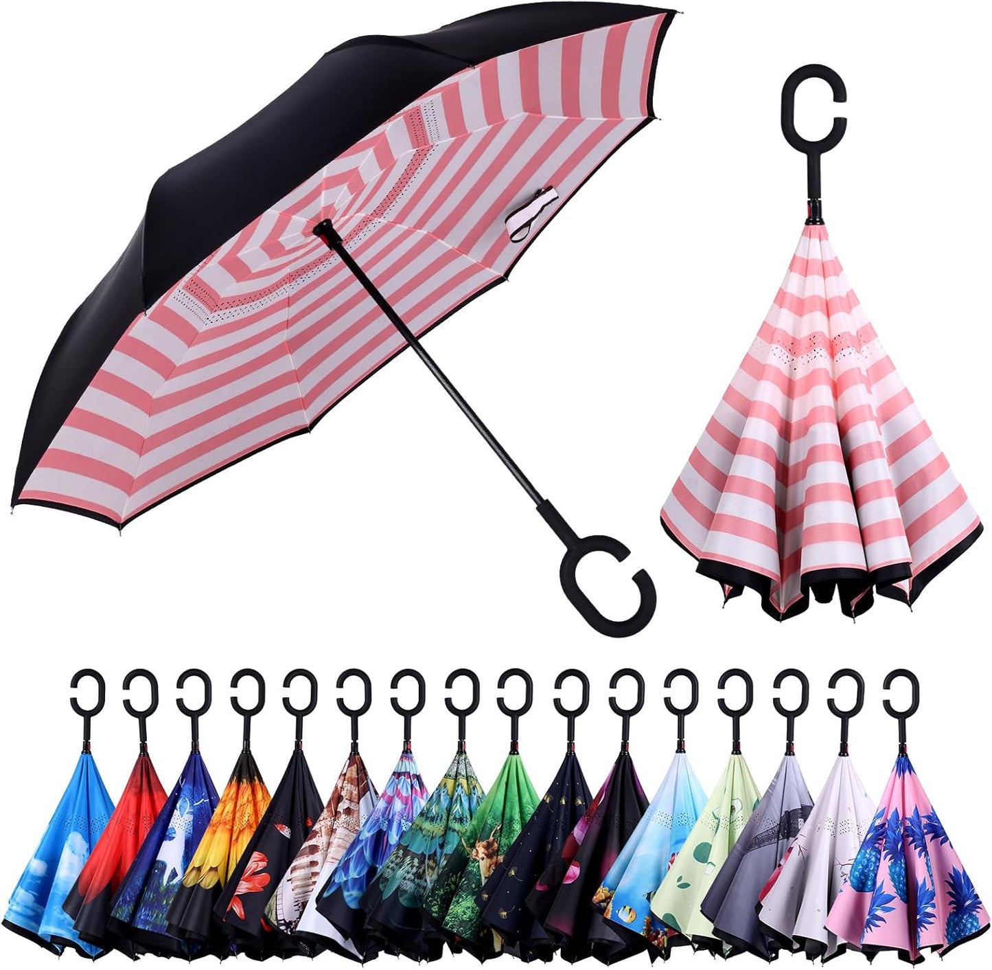 Inverted Umbrella, 49 Inch Double-Layer Vented Reverse Umbrella, Windproof Waterproof UV Protection, Lightweight C-Handle, Fiberglass Ribs, Steel Shaft, Travel/Commute/Car Use, With Sleeve