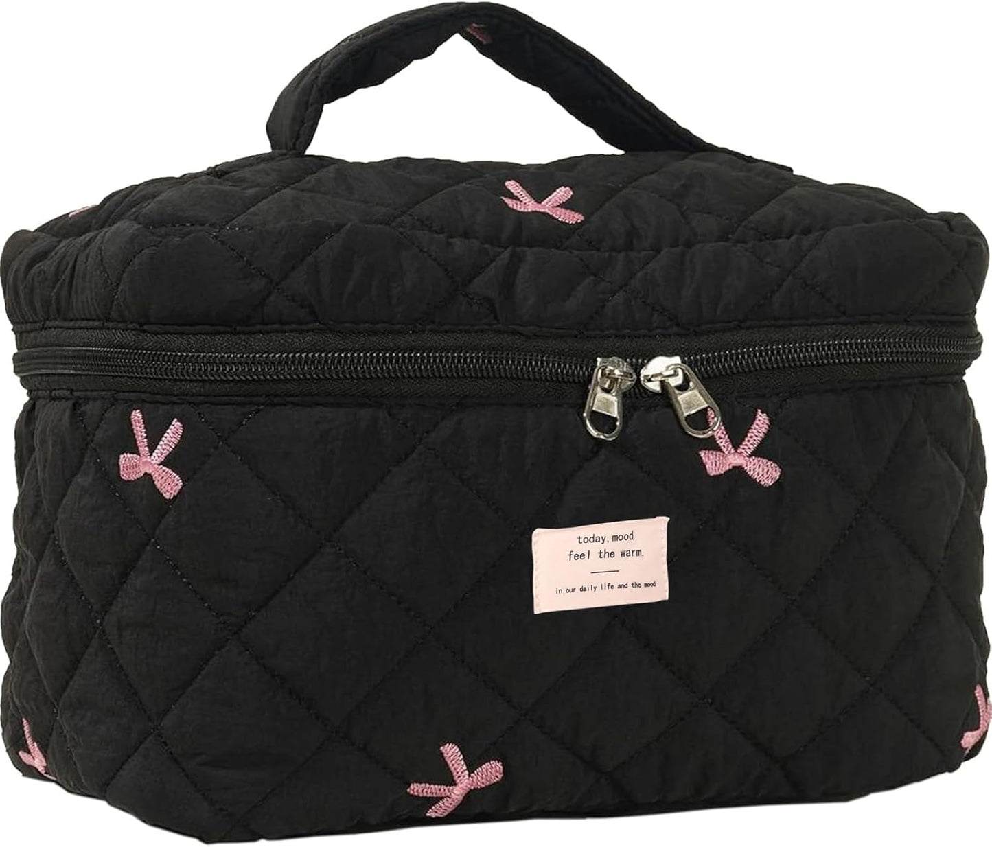 Quilted Makeup Bag, Large Makeup Bag, Cute Cosmetic Bag for Women Girls, Floral Coquette Aesthetic Travel Toiletry Make Up Organizer Bag-Black