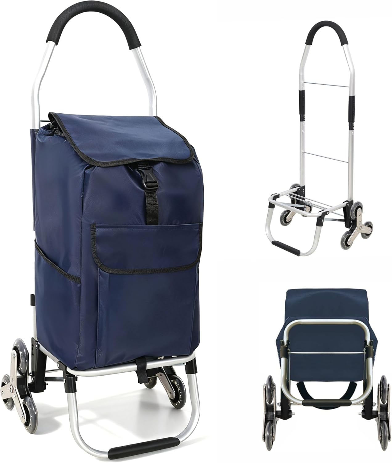 Heavy Duty Foldable Shopping Trolley with Stainless Steel Triangular Wheels Oxford Waterproof Cart Removable Bag for Groceries Laundry Travel (Blue-6 Wheels)