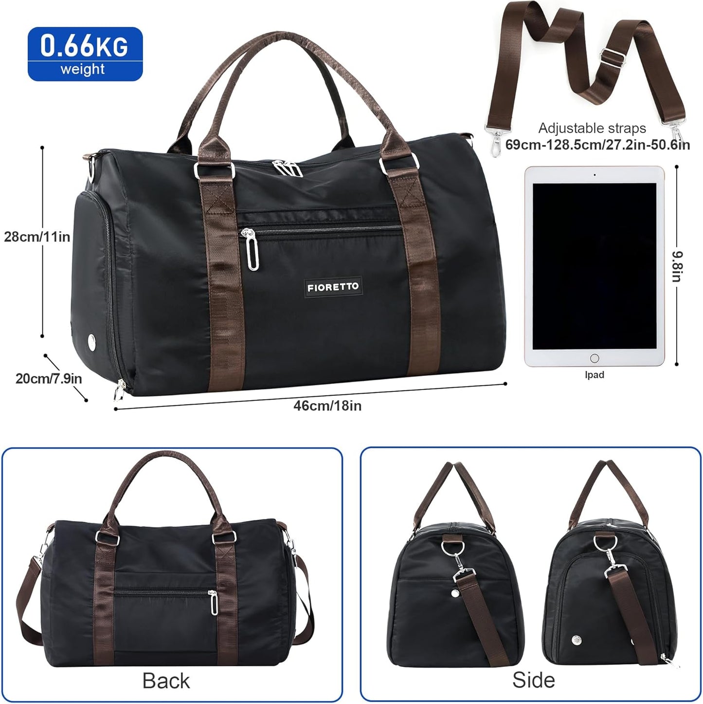 FIORETTO Womens Gym Tote Duffle Bag with Wet Pocket & Shoe Compartment, Sports Duffel Overnight Weekender Hospital Workout Carry on Bag for Girls, Ideal for Travel, Swimming, Dance, Ballet Black