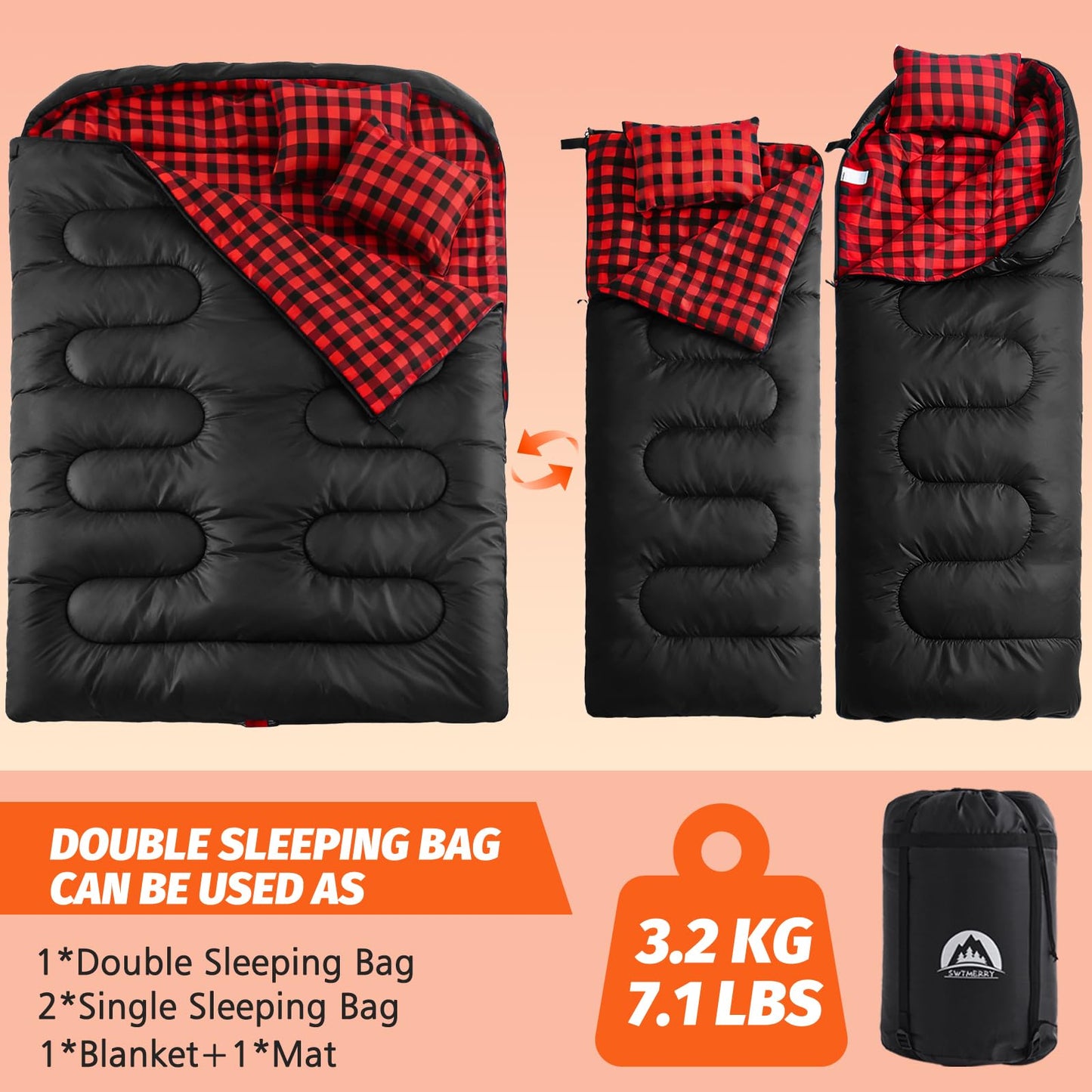Swtmerry Flannel Double Sleeping Bag for Adults with 2 Pillows Cold Weather, Big & Tall Queen Size