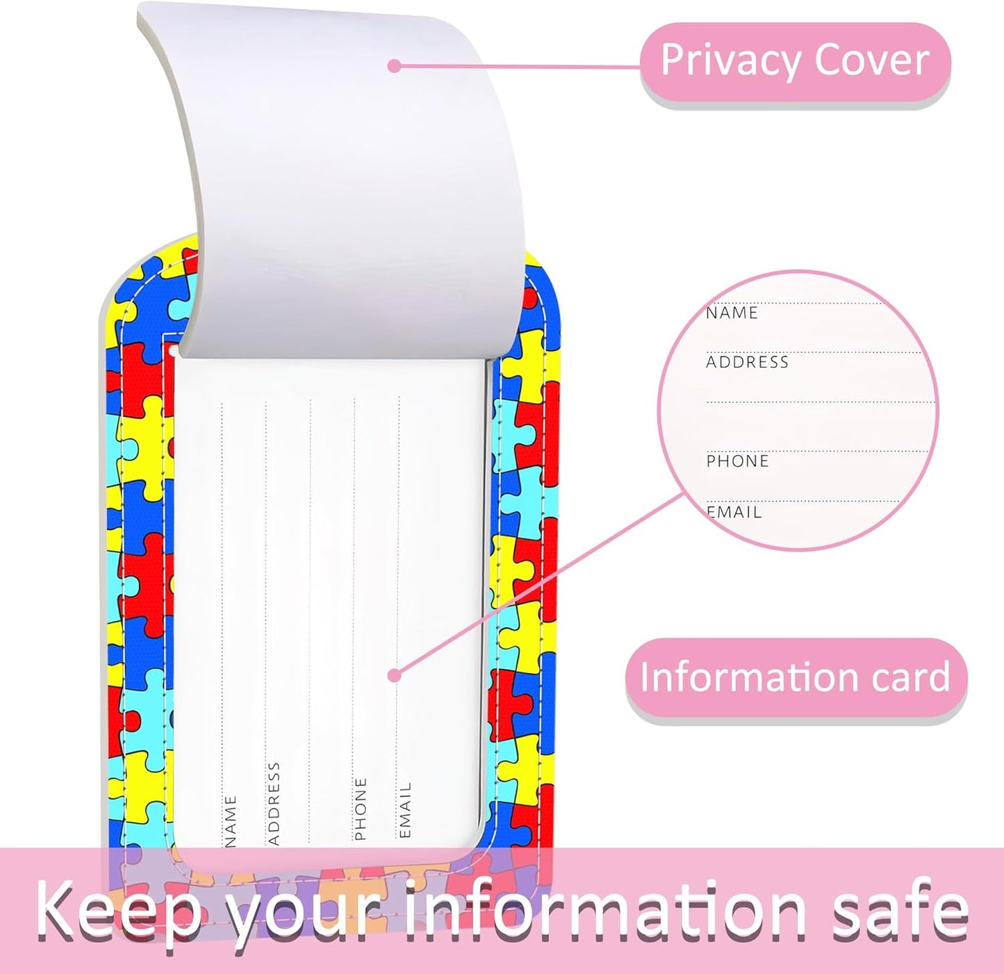 2 Pack Luggage Tag for Suitcase,Autism Awareness PU Leather Suitcase Tags Identifiers with Privacy