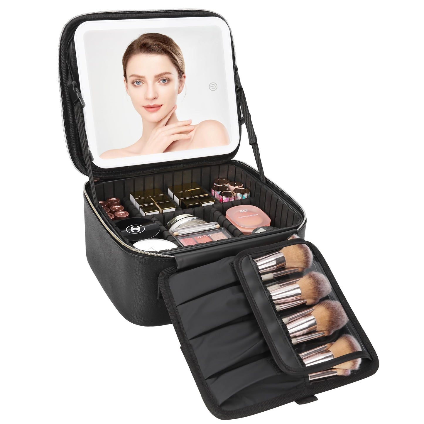 Relavel Travel Makeup Bag With LED Mirror, Cosmetic Train Case with Light up Mirror, Portable