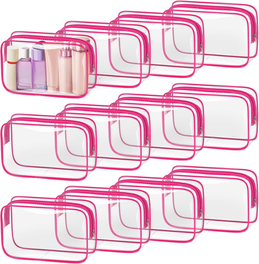 TISRATOK 12 PCS Clear Makeup Bag for Women with Zipper, TSA Approved Toiletry Pouch, Cosmetic Bag Bulk for Travel Organizer Essentials - Rose Red, Medium