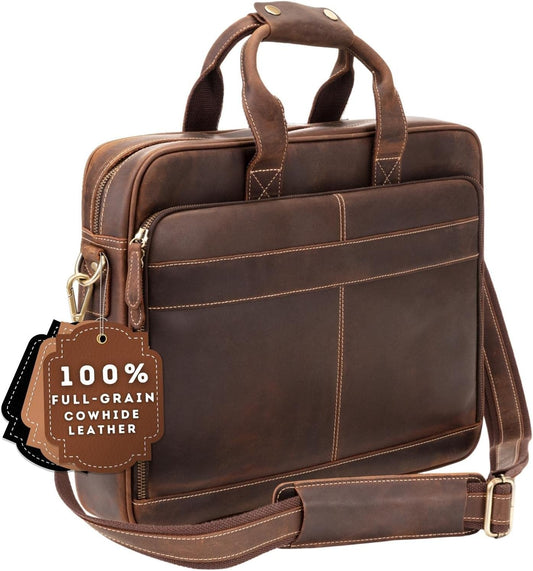 Luxorro Full-Grain Leather Briefcase for Men - Laptop Bag with Leather Computer Compartment