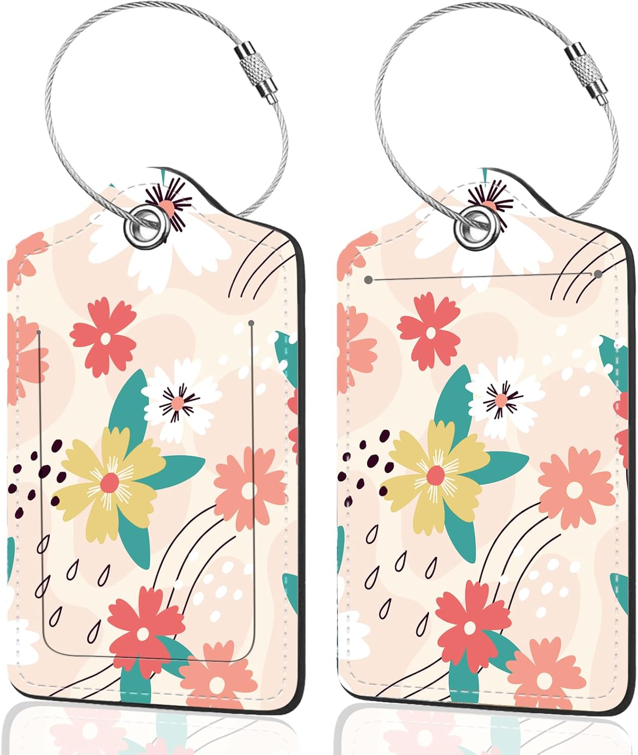 2Pack Luggage Tags for Suitcases, Cute Unique Pu Leather Cruise Luggage Tag with Privacy Cover ID Label Address Card and Metal Ring Suitable for Women Men Kids Travel Bag Pink Green Crushed Flower