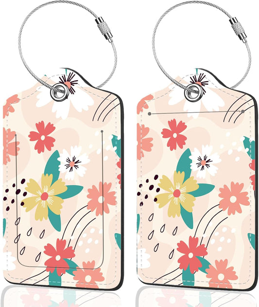 2Pack Luggage Tags for Suitcases, Cute Unique Pu Leather Cruise Luggage Tag with Privacy Cover ID Label Address Card and Metal Ring Suitable for Women Men Kids Travel Bag Pink Green Crushed Flower